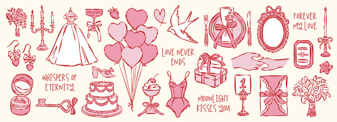 Whimsical hand drawn romantic love and wedding illustration collection. Artwork with adorable love slogans for greeting cards.