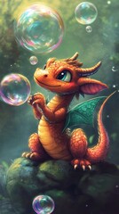 Adorable Red Dragon with Bubbles: Fantasy Creature in Enchanted Forest
