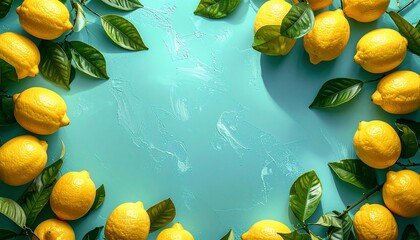 Bright yellow lemons with green leaves arranged around turquoise background