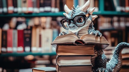 Dragon figure with glasses reading an open book. Stack of books below. Bookshelves are visible in the background. AI.