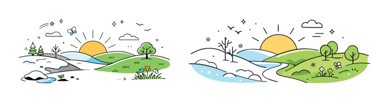 Seasonal landscape transition with spring and winter scenes