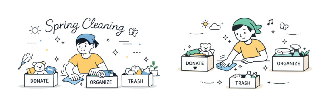 Female adult asian organizing and cleaning with labeled boxes for spring cleanup