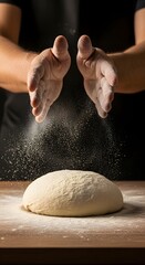 Obraz premium Embracing the craft of baking, a moment of creation unfolds as flour-dusted hands expertly prepare fresh dough. This scene captures the essence of homemade goodness and the joy of culinary artistry