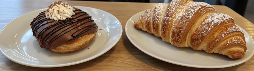 Decadent Chocolate Donut and Flaky Croissant on White Plates, Close-Up