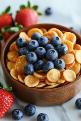 A wooden bowl is filled with mini pancakes and blueberries. Strawberries are scattered around the bowl. AI.