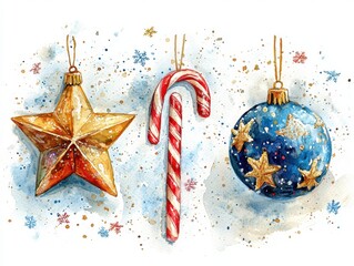 A watercolor painting featuring a gold star, candy cane, and blue ornament with gold stars. AI.