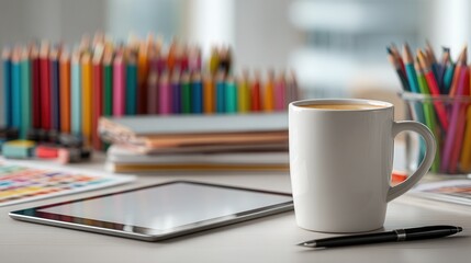 Creative workspace with coffee and digital tablet on modern desk