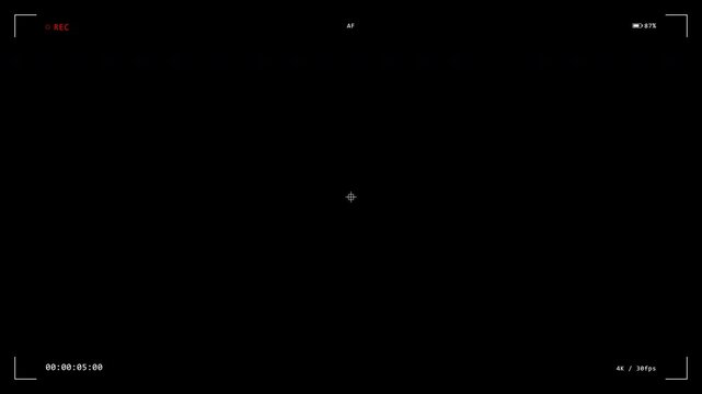 Camera viewfinder recording interface displaying active timecode red rec indicator battery percentage and resolution settings on isolated black background for overlay use