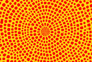 Vibrant Geometric Pattern with Radiating Circular Design and Bold Red and Yellow Color Scheme Creating a Mesmerizing Optical Illusion Effect