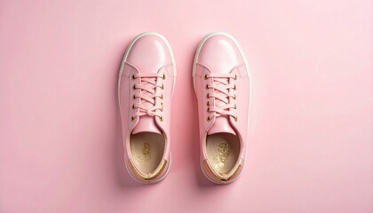 Overhead shot of two pastel pink sneakers on a matching pink background, well-lit
