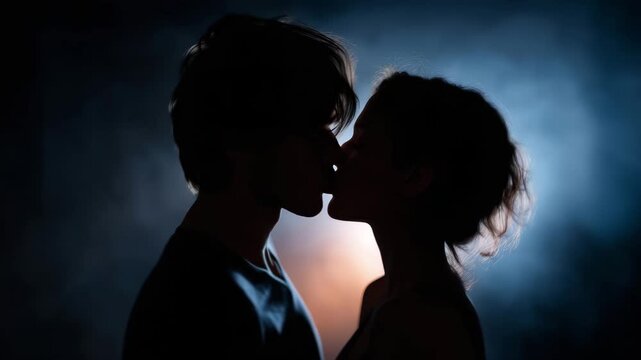 two lovers in close embrace, their faces almost touching, captured as dark silhouettes against a glowing starry backdrop, soft halo light creating a m