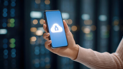 Cloud backup lock icon on smartphone held by hand in server room, secure data storage and protection