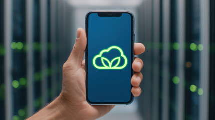 Hand holding smartphone displaying green eco cloud app icon in data center with blurred server lights