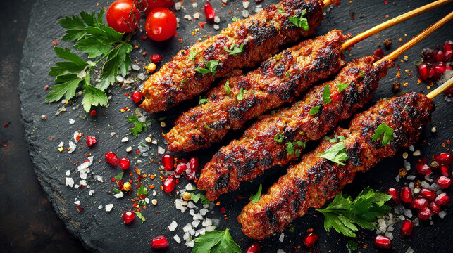 Traditional Grilled Lula Kebab Skewers with Spices on Dark Stone Background