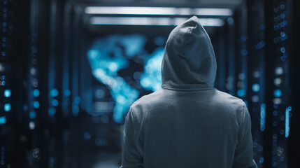 Hacker are planning to hack and attack networks and cyber security systems and stands on the peak of success amid tall, innovative Smart city and graphs with statistics to analyze business potential