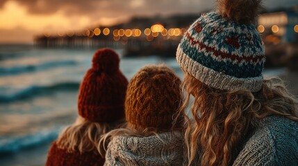 Family wearing festive Santa hats and cozy sweaters enjoying Christmas day at the beach by the ocean
