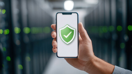 Hand holding smartphone with green shield and checkmark on screen conveying secure mobile access and confidence