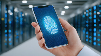 Close up of hand holding smartphone with glowing fingerprint scan on screen conveying secure biometric access