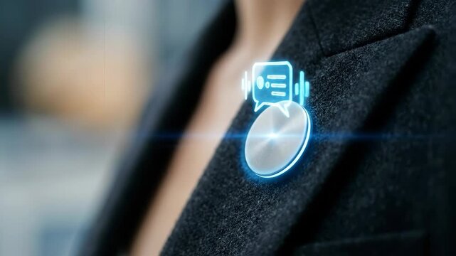 Lapel microphone wearable audio device with glowing holographic interface modern tech accessory