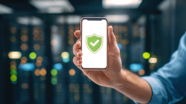 Hand holding smartphone with security shield icon and checkmark, mobile cybersecurity concept, blurred server room background - Powered by Adobe