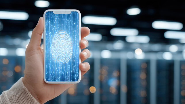 Finger touching smartphone fingerprint scanner with digital security glow - Powered by Adobe