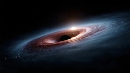 A supermassive black hole in deep outer space with a perfectly dark event horizon at the center, surrounded by a glowing accretion disk of hot cosmic gas and plasma, intense gravit - Powered by Adobe