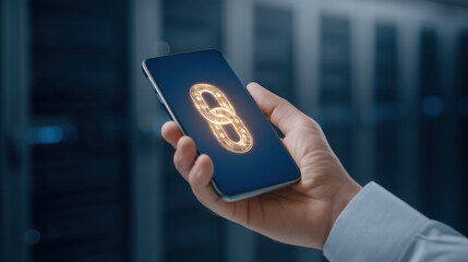 Hand holding smartphone displaying glowing digital link icon, concept of secure mobile connection and blockchain