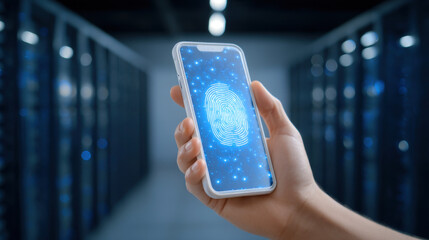Hand holding smartphone with glowing fingerprint scanner and digital security lights in data center aisle