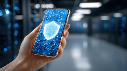 Hand holding smartphone displaying glowing digital shield icon representing mobile cybersecurity and data protection