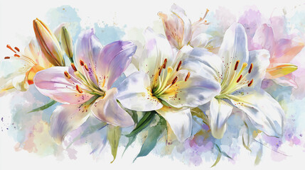 Fototapeta premium watercolor botanical Lilly flowers texture template background.Elegant wedding invitation card background . Minimal hand painted Design for wedding or Valentine's Day