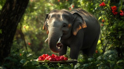 Enchanted Repast: A Young Elephant with Gilded Ears Dines in a Sunlit Grove