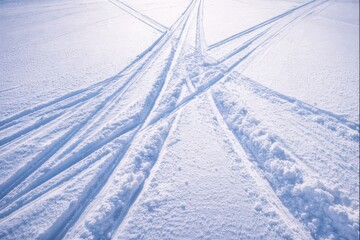 Ski tracks in snow field under soft winter light
