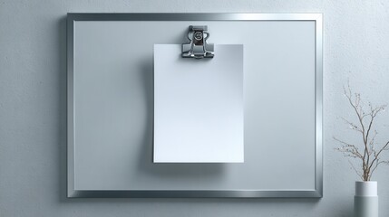 Modern office workspace with blank note and minimalist decor