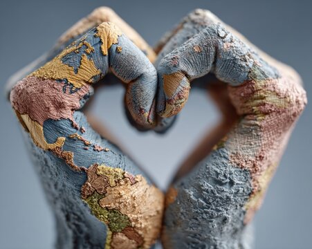 Female hands painted as a world map forming a heart shape against a soft blue background, symbolizing love and global unity - Powered by Adobe