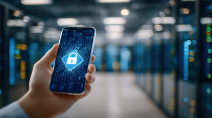 Hand holding smartphone with digital lock icon in data center aisle, cybersecurity concept secure access and privacy protection