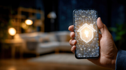 Secure smart home control on smartphone with glowing house icon and hand holding device in living room at night