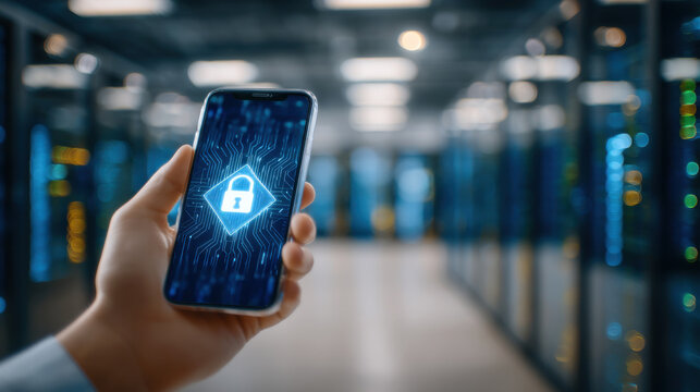 Hand holding smartphone with digital lock icon in data center aisle, cybersecurity concept secure access and privacy protection - Powered by Adobe