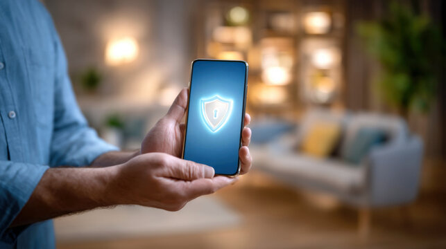 Close up of hands holding smartphone displaying digital security shield icon in cozy living room setting - Powered by Adobe