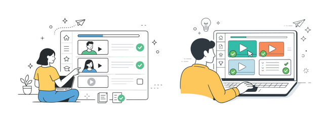 Young caucasian professionals engaging in online video meetings and elearning on laptops