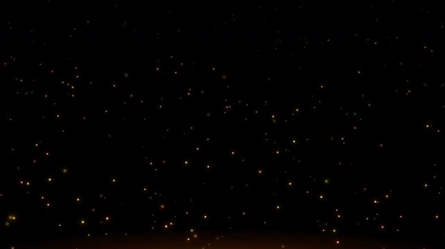 Glowing orange and yellow fire spark particles rising and flickering with warm amber hues in a scattered composition on black background for cinematic overlay use