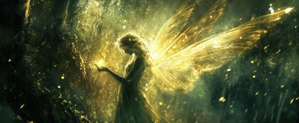 Ethereal Fairy with Shimmering Golden Wings and Magical Light in Enchanted Forest