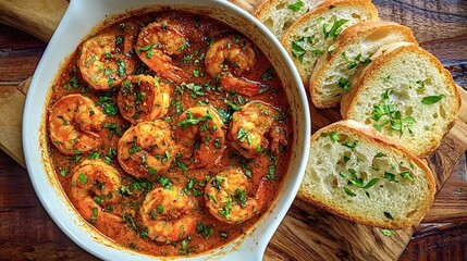 Shrimp scampi cooking in a pan with rich red sauce and fresh parsley garnish, served alongside crusty slices of garlic bread on a rustic wooden cutting board