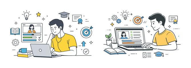 Asian young male engaged in online learning and job application with laptop