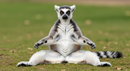 Obraz premium A wide shot of a Ring-tailed Lemur in a yoga-like pose on a grassy field, capturing its unique anatomy and contemplative demeanor