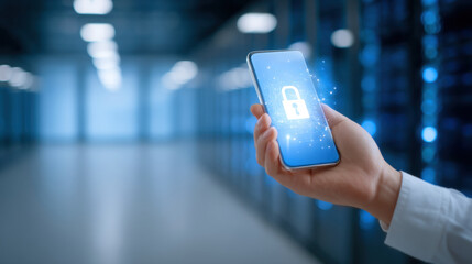 Secure smartphone with glowing padlock icon held by hand in server room, conveying data protection and cybersecurity