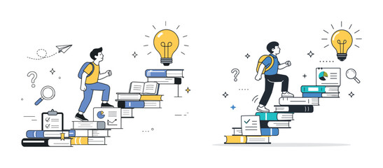 Young students climbing book stairs toward knowledge with bright ideas and curiosity