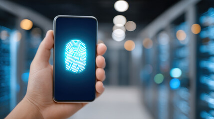 Hand holding smartphone with glowing fingerprint on screen in blurred server room