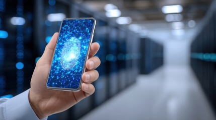 Close up of hand holding smartphone with glowing fingerprint scanner and network pattern, secure biometric access feeling