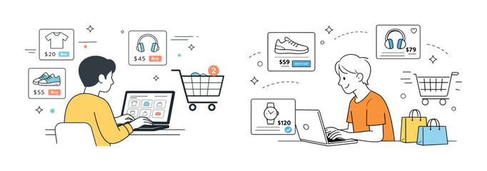 Online shopping illustration with diverse characters engaged in e-commerce activities