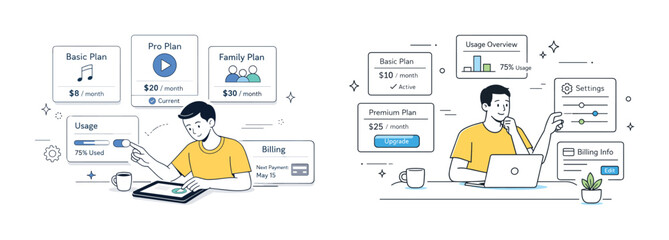 Fototapeta premium Asian young adult male managing subscription plans and usage on tablet and laptop